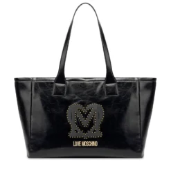 Shopping Bag LOVE MOSCHINO Nera con Logo Ricamato e Borchie