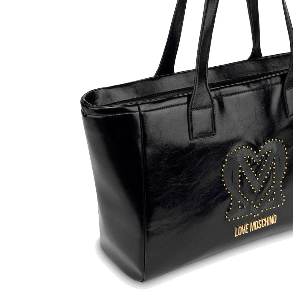 Shopping Bag LOVE MOSCHINO Nera con Logo Ricamato e Borchie
