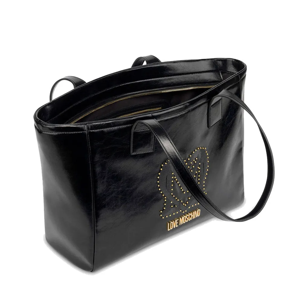 Shopping Bag LOVE MOSCHINO Nera con Logo Ricamato e Borchie