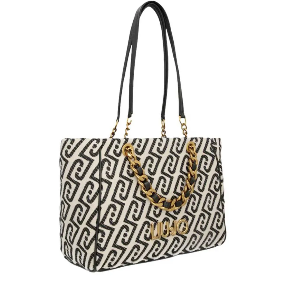Shopping Bag Media Donna LIU JO in Tessuto Jacquard Bianco e Nero con Logo Monogram