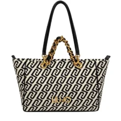 Shopping Bag Media Donna LIU JO in Tessuto Jacquard Bianco e Nero con Logo Monogram