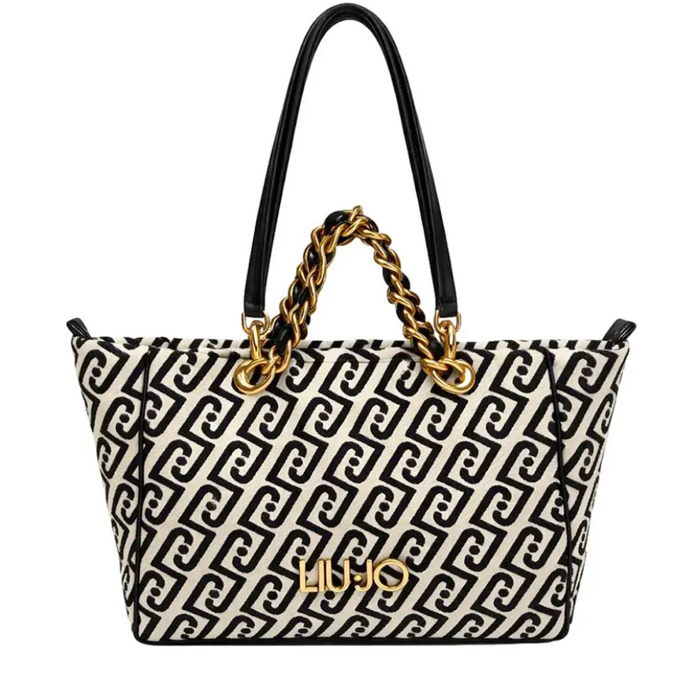 Shopping Bag Media Donna LIU JO in Tessuto Jacquard Bianco e Nero con Logo Monogram