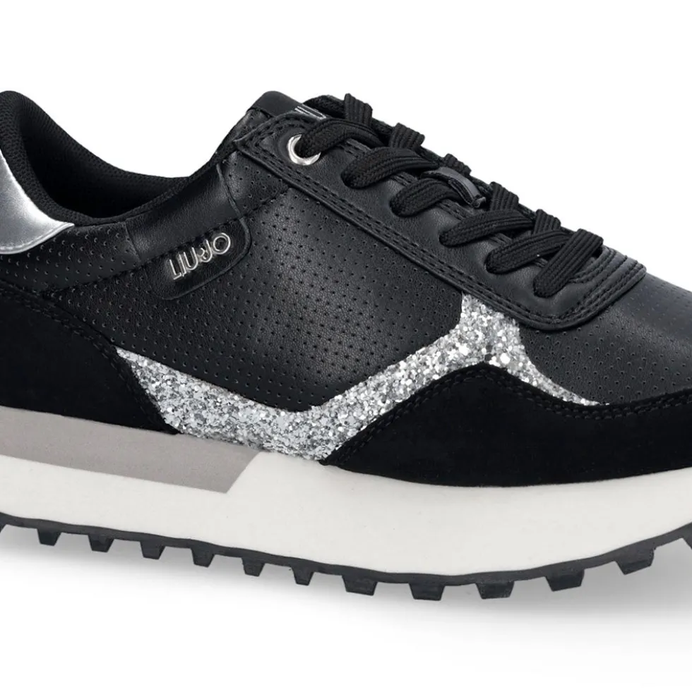 Sneakers Donna LIU JO Evelyn 915 in Microfibra Perforata Nera con Inserto Glitter Argento