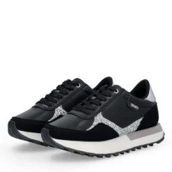 Sneakers Donna LIU JO Evelyn 915 in Microfibra Perforata Nera con Inserto Glitter Argento