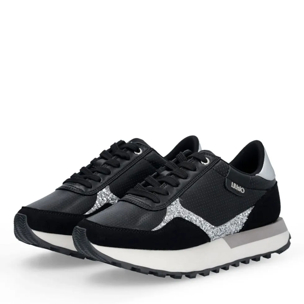 Sneakers Donna LIU JO Evelyn 915 in Microfibra Perforata Nera con Inserto Glitter Argento