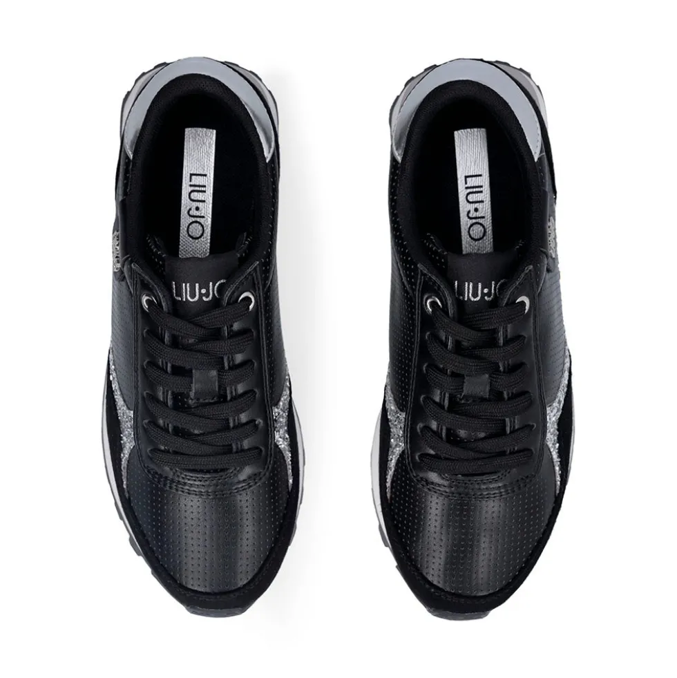 Sneakers Donna LIU JO Evelyn 915 in Microfibra Perforata Nera con Inserto Glitter Argento