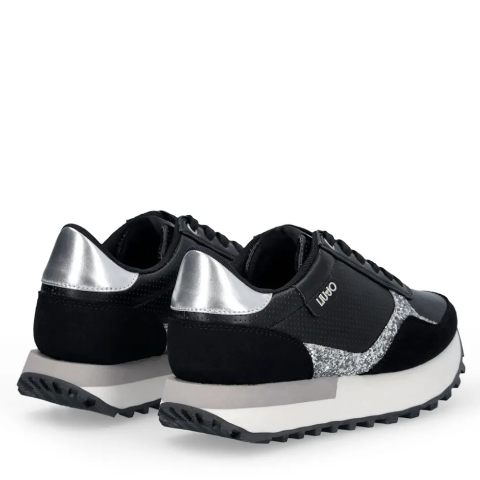 Sneakers Donna LIU JO Evelyn 915 in Microfibra Perforata Nera con Inserto Glitter Argento
