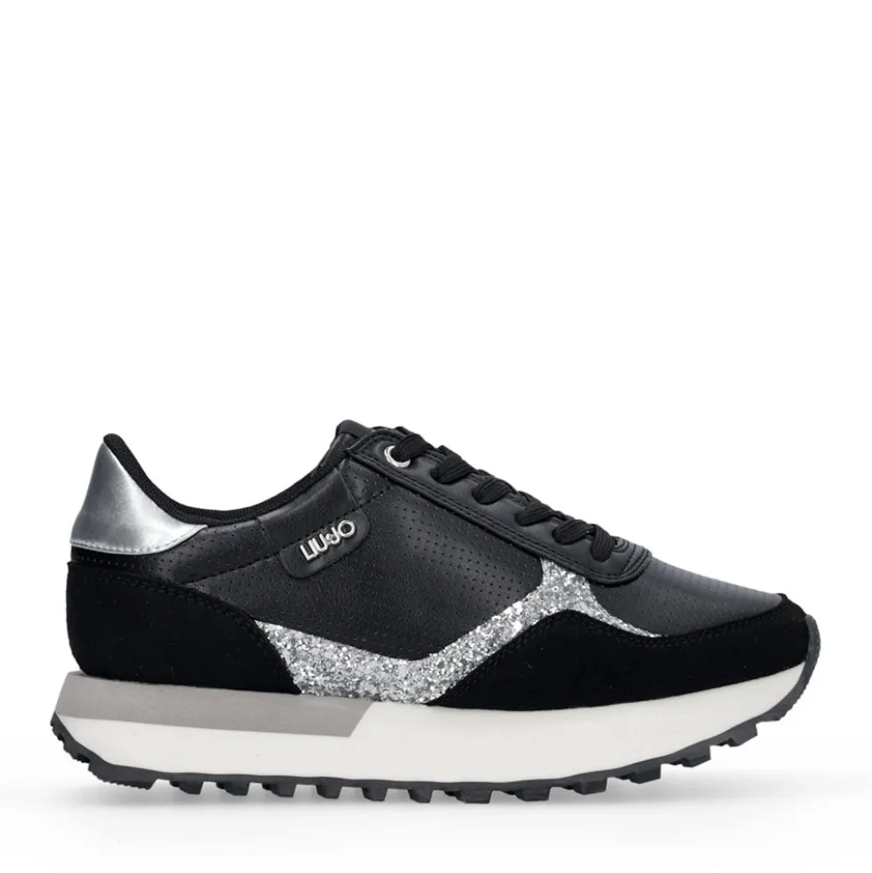 Sneakers Donna LIU JO Evelyn 915 in Microfibra Perforata Nera con Inserto Glitter Argento