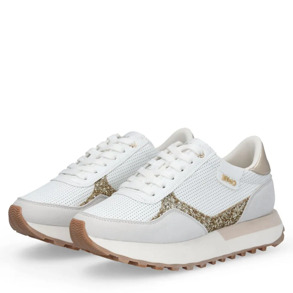 Sneakers Donna LIU JO Evelyn 915 in Microfibra Perforata Bianca con Inserto Glitter Oro
