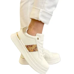 Sneakers Platform 1A Classe Alviero Martini Bianche e Geo Beige con Strass 2422