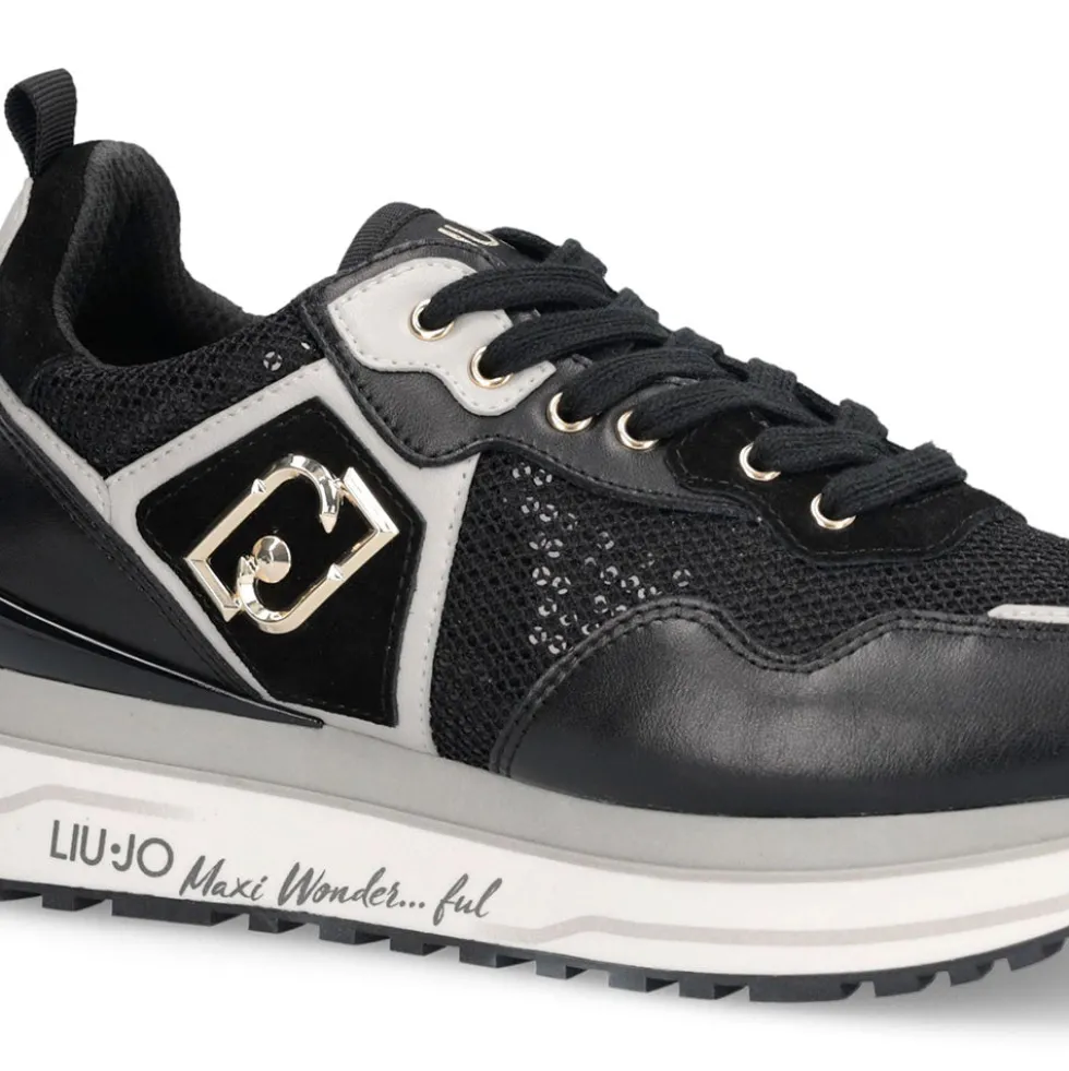 Sneakers Platform Donna LIU JO Maxi Wonder 01 in Pelle e Mesh Nero con Paillettes