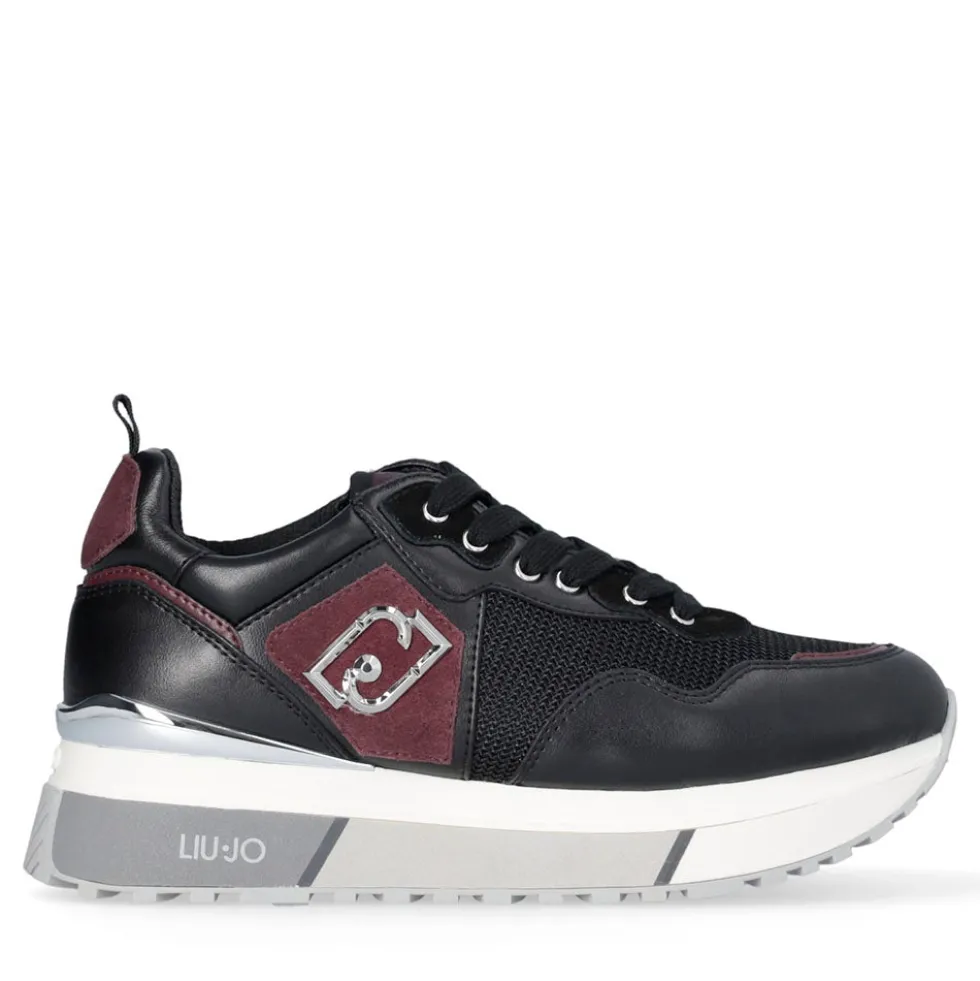 Sneakers Platform Donna LIU JO Maxi Wonder 01 in Pelle Nera e Brighty Mesh Cremisi