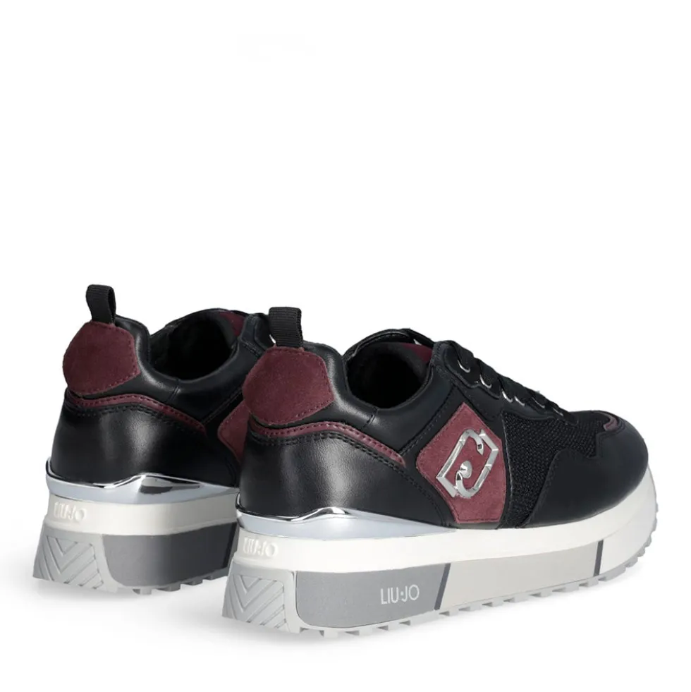 Sneakers Platform Donna LIU JO Maxi Wonder 01 in Pelle Nera e Brighty Mesh Cremisi