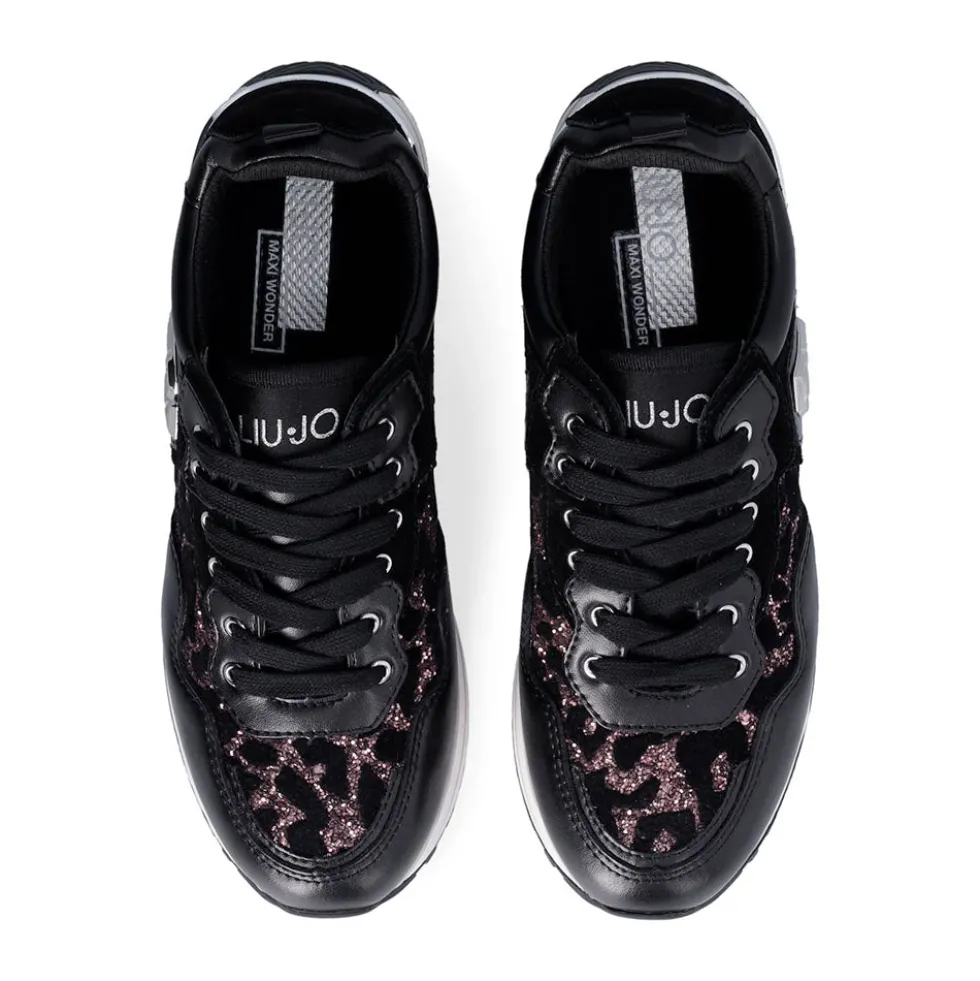Sneakers Platform Donna LIU JO Maxi Wonder 01 in Pelle Suede e Inserti Glitter Animalier Black Rose