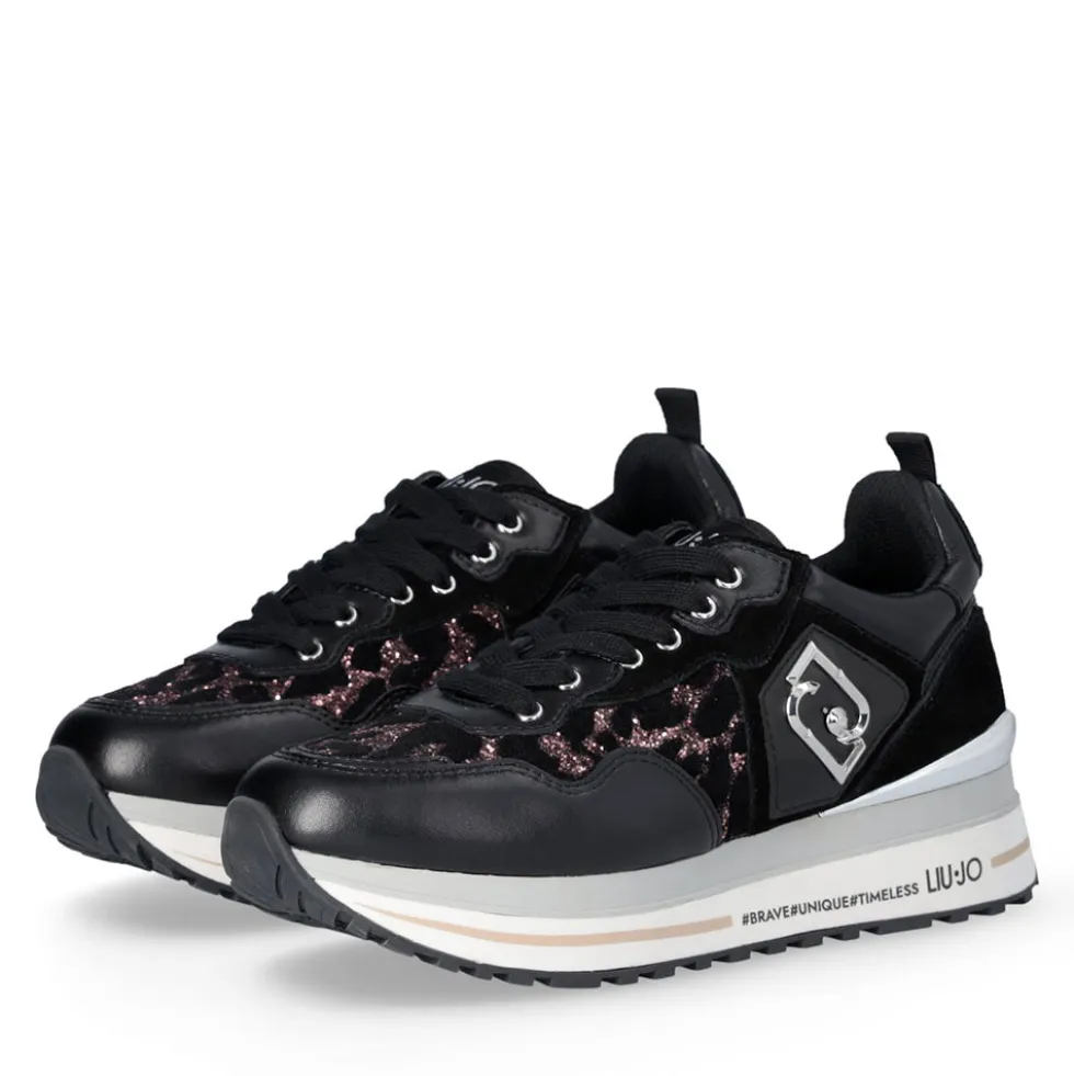 Sneakers Platform Donna LIU JO Maxi Wonder 01 in Pelle Suede e Inserti Glitter Animalier Black Rose