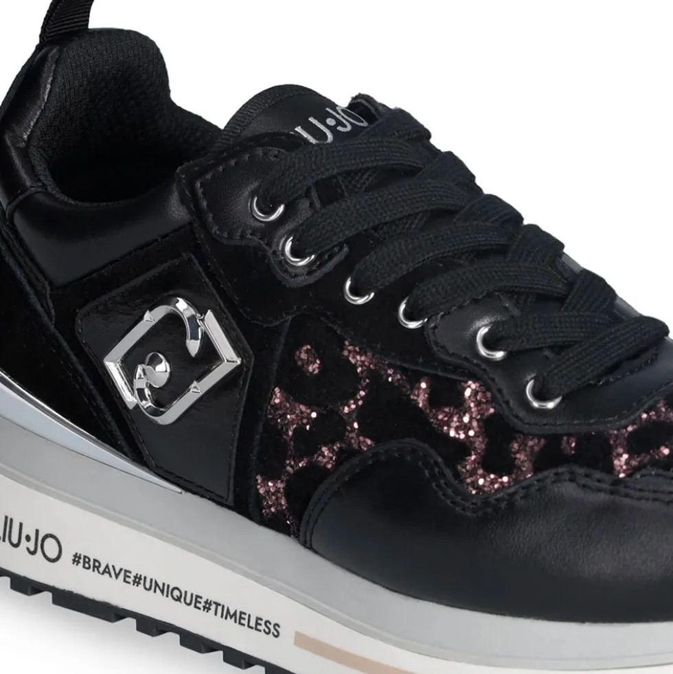 Sneakers Platform Donna LIU JO Maxi Wonder 01 in Pelle Suede e Inserti Glitter Animalier Black Rose