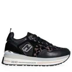 Sneakers Platform Donna LIU JO Maxi Wonder 01 in Pelle Suede e Inserti Glitter Animalier Black Rose