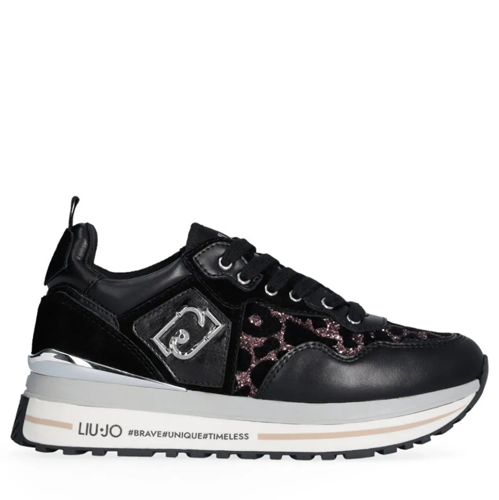 Sneakers Platform Donna LIU JO Maxi Wonder 01 in Pelle Suede e Inserti Glitter Animalier Black Rose