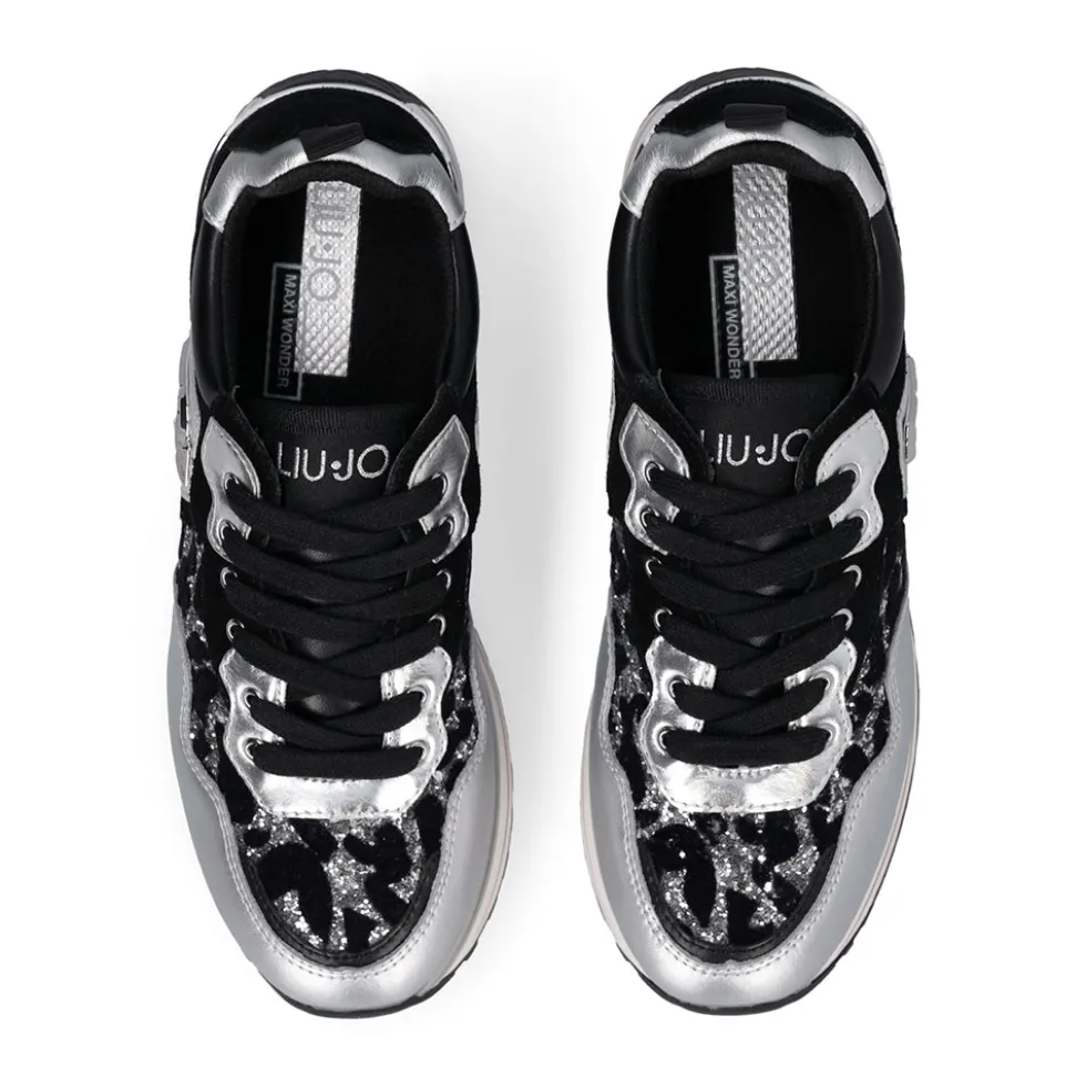 Sneakers Platform Donna LIU JO Maxi Wonder 01 in Pelle Suede e Inserti Glitter Animalier Silver Black