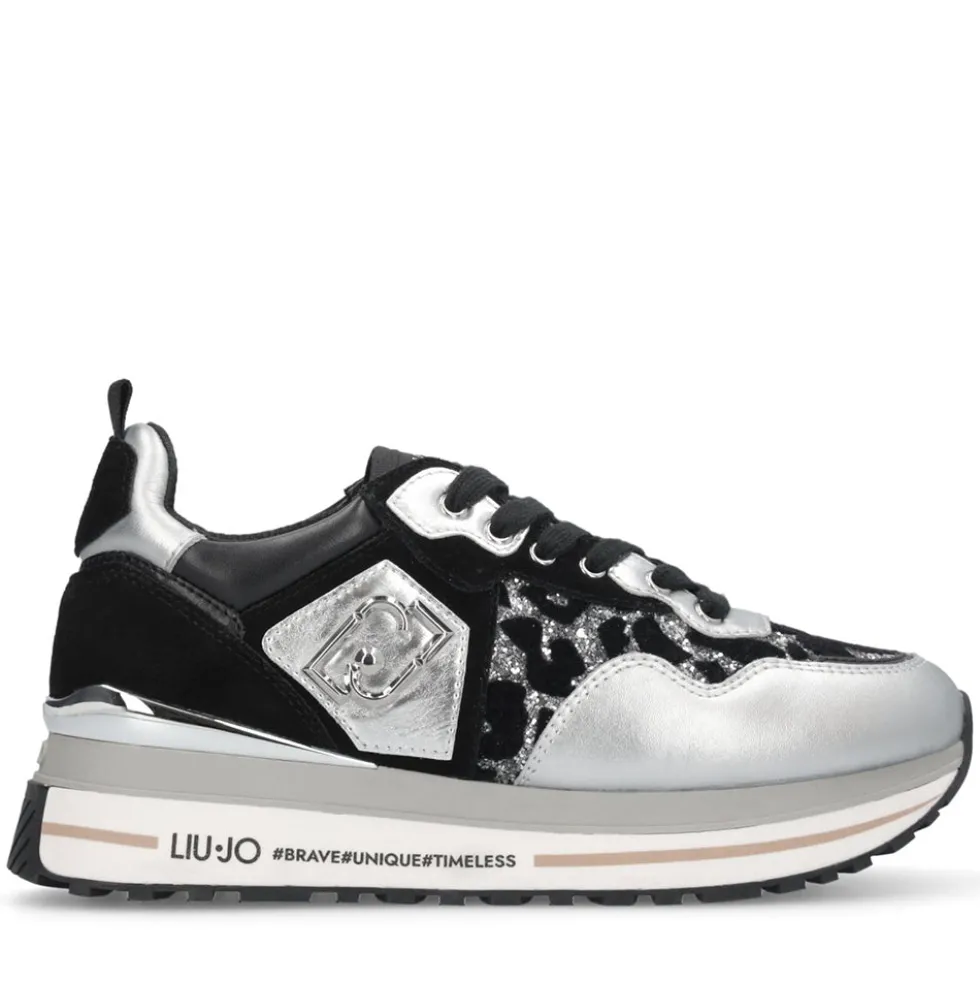 Sneakers Platform Donna LIU JO Maxi Wonder 01 in Pelle Suede e Inserti Glitter Animalier Silver Black