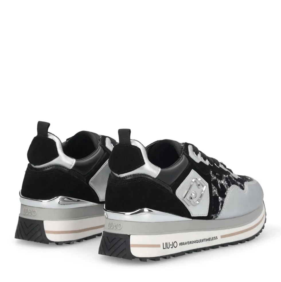 Sneakers Platform Donna LIU JO Maxi Wonder 01 in Pelle Suede e Inserti Glitter Animalier Silver Black