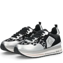 Sneakers Platform Donna LIU JO Maxi Wonder 01 in Pelle Suede e Inserti Glitter Animalier Silver Black