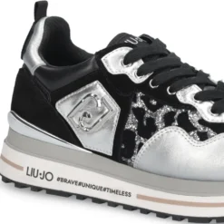 Sneakers Platform Donna LIU JO Maxi Wonder 01 in Pelle Suede e Inserti Glitter Animalier Silver Black