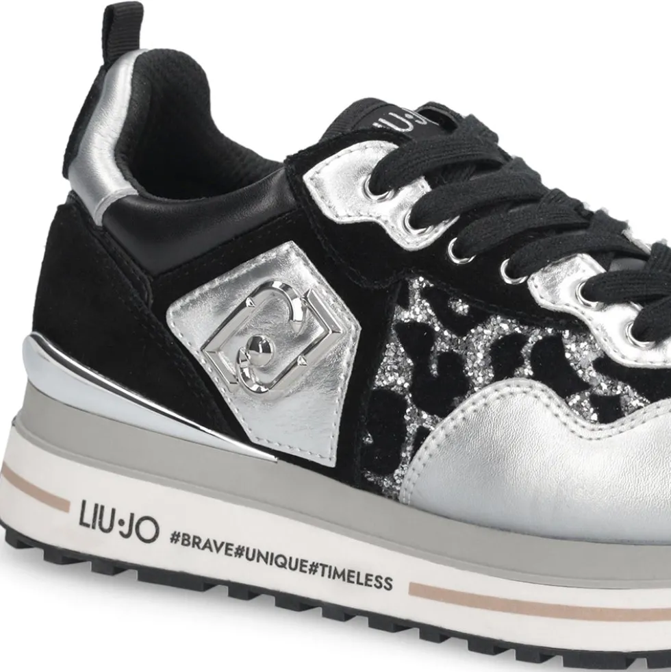 Sneakers Platform Donna LIU JO Maxi Wonder 01 in Pelle Suede e Inserti Glitter Animalier Silver Black