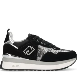 Sneakers Platform Donna LIU JO Maxi Wonder 01 in Suede Nero e Inserti Laminati Silver