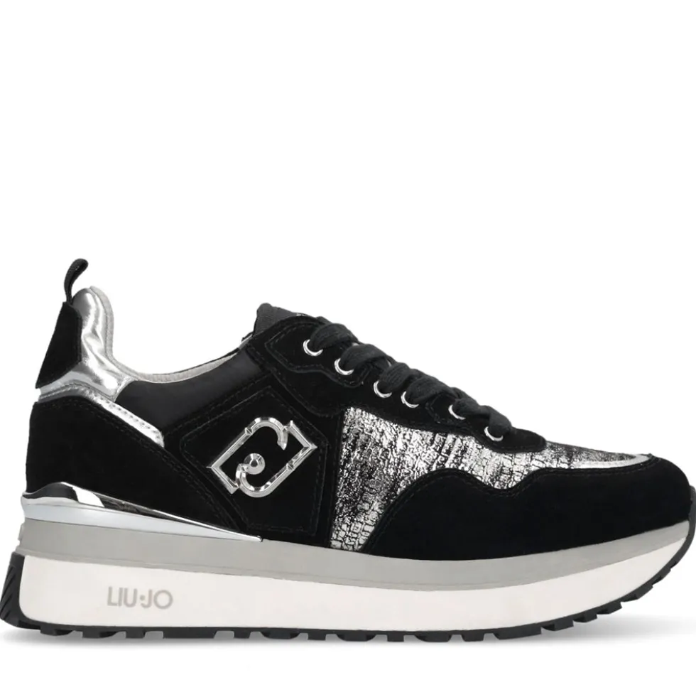 Sneakers Platform Donna LIU JO Maxi Wonder 01 in Suede Nero e Inserti Laminati Silver