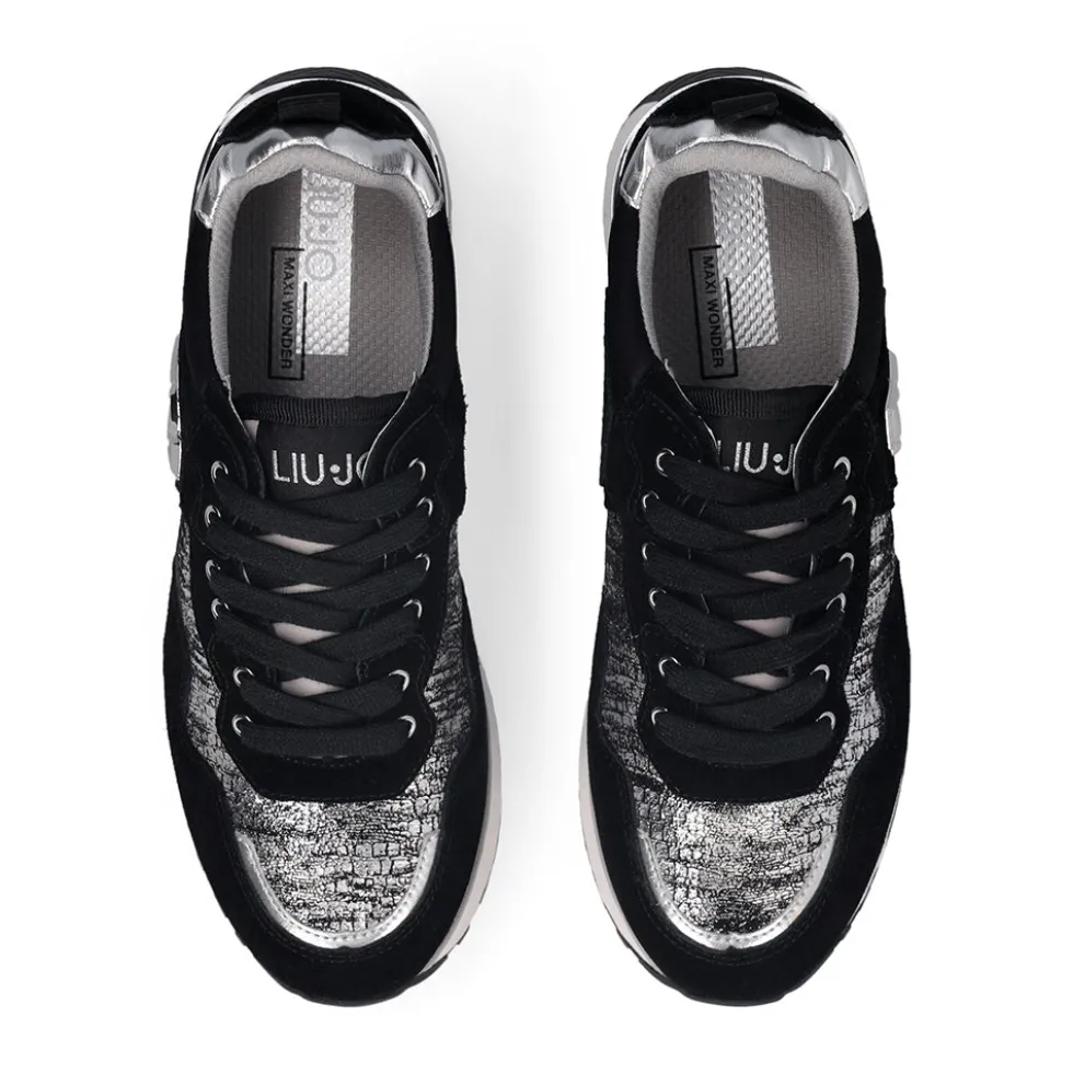 Sneakers Platform Donna LIU JO Maxi Wonder 01 in Suede Nero e Inserti Laminati Silver