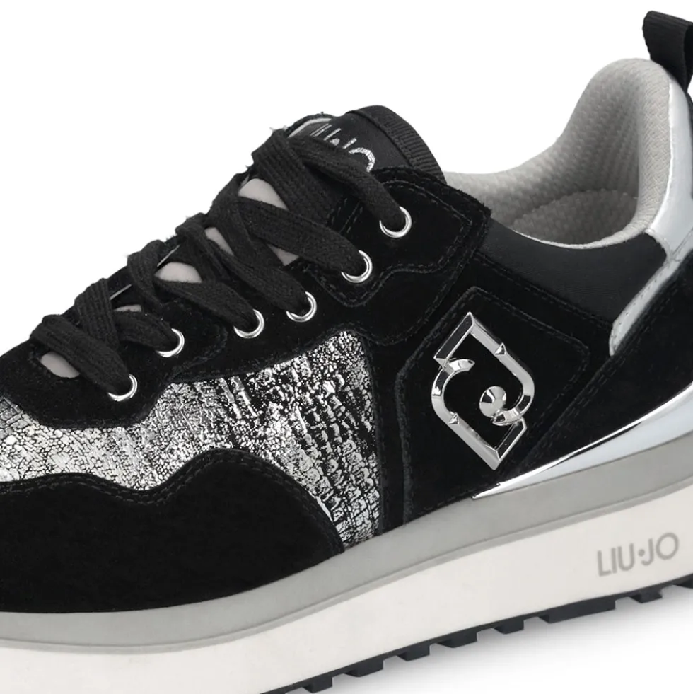 Sneakers Platform Donna LIU JO Maxi Wonder 01 in Suede Nero e Inserti Laminati Silver