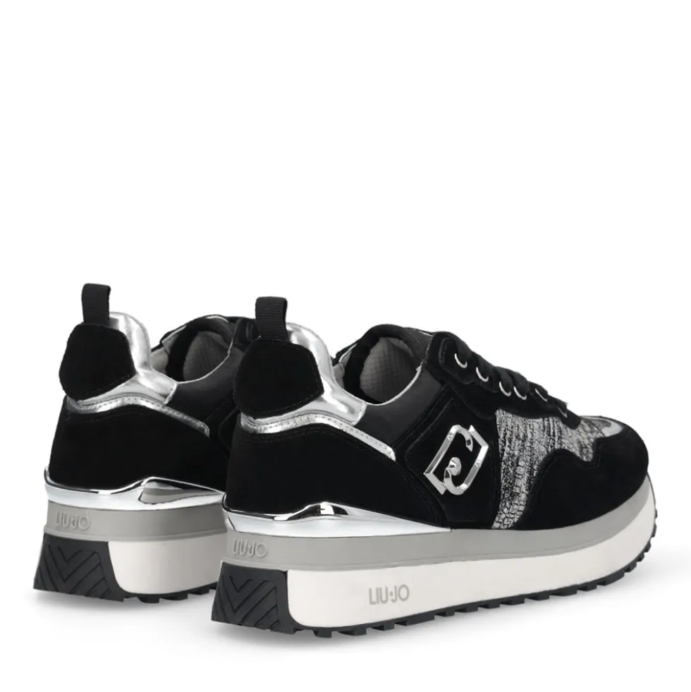 Sneakers Platform Donna LIU JO Maxi Wonder 01 in Suede Nero e Inserti Laminati Silver
