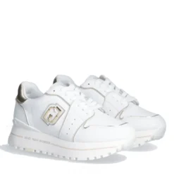 Sneakers Platform Donna LIU JO Maxi Wonder 85 in Pelle Bianca con Inserti Laminati Oro