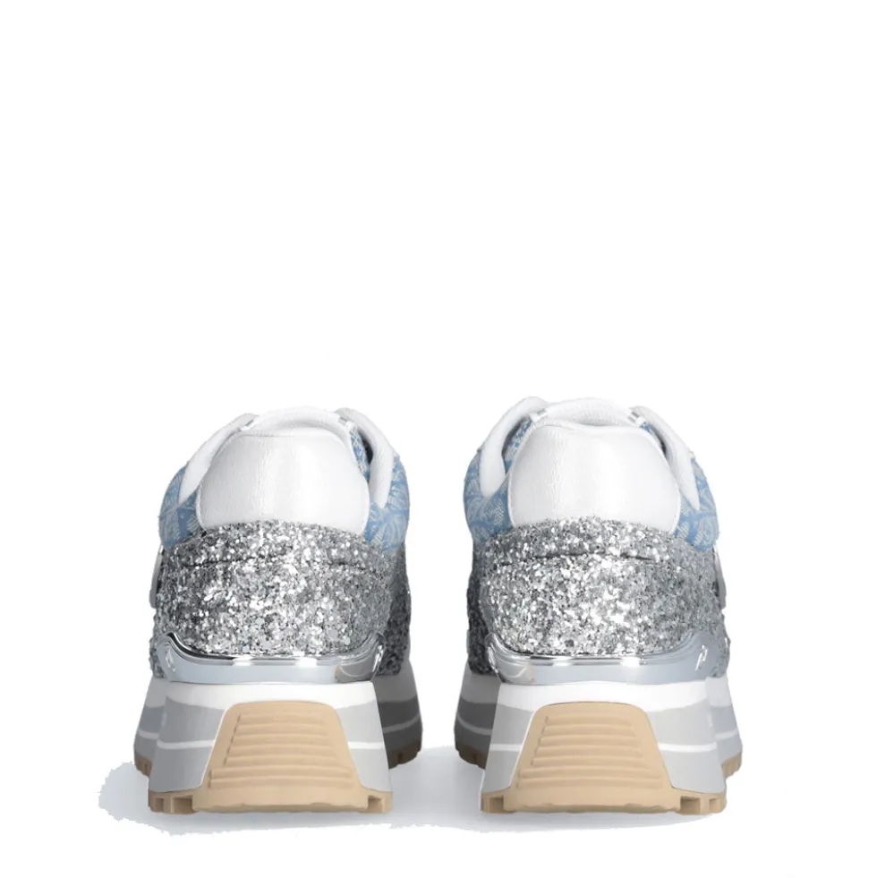 Sneakers Platform Donna LIU JO Maxi Wonder 87 in Tessuto Monogram Denim con Inserti Glitter