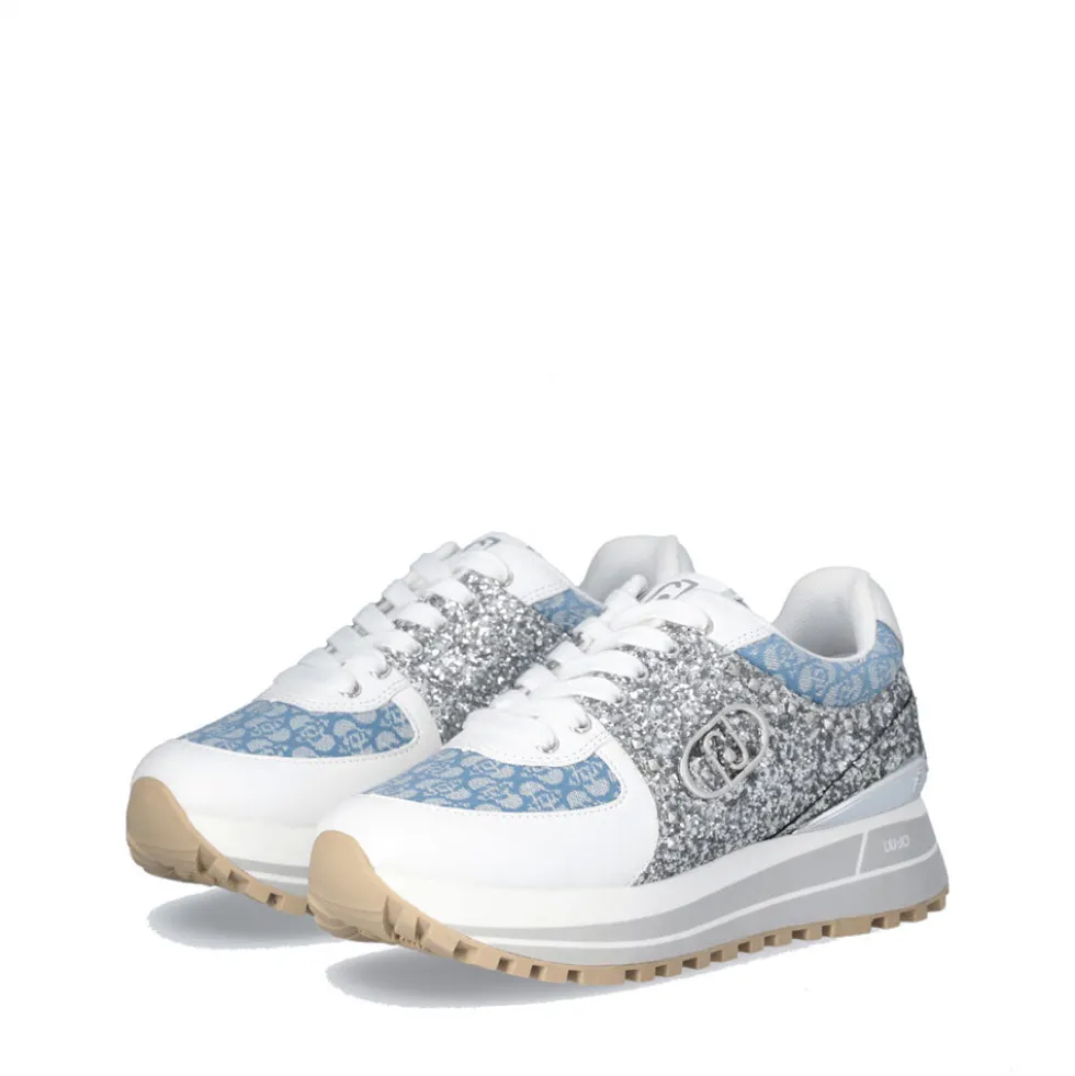 Sneakers Platform Donna LIU JO Maxi Wonder 87 in Tessuto Monogram Denim con Inserti Glitter