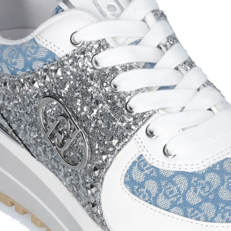 Sneakers Platform Donna LIU JO Maxi Wonder 87 in Tessuto Monogram Denim con Inserti Glitter
