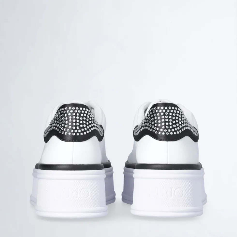 Sneakers Platform LIU JO Selma 16 in Pelle Bianca con Inserto in Raso Nero con Strass