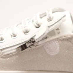 Sneakers Platform PATRIZIA PEPE Girl linea Flyglitter in Pelle e Glitter Bianco Argento