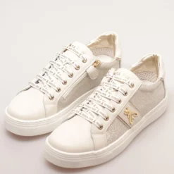 Sneakers Platform PATRIZIA PEPE Girl linea Flyglitter in Pelle e Glitter Off White e Platino