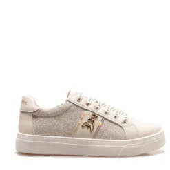 Sneakers Platform PATRIZIA PEPE Girl linea Flyglitter in Pelle e Glitter Off White e Platino