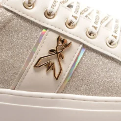 Sneakers Platform PATRIZIA PEPE Girl linea Flyglitter in Pelle e Glitter Off White e Platino