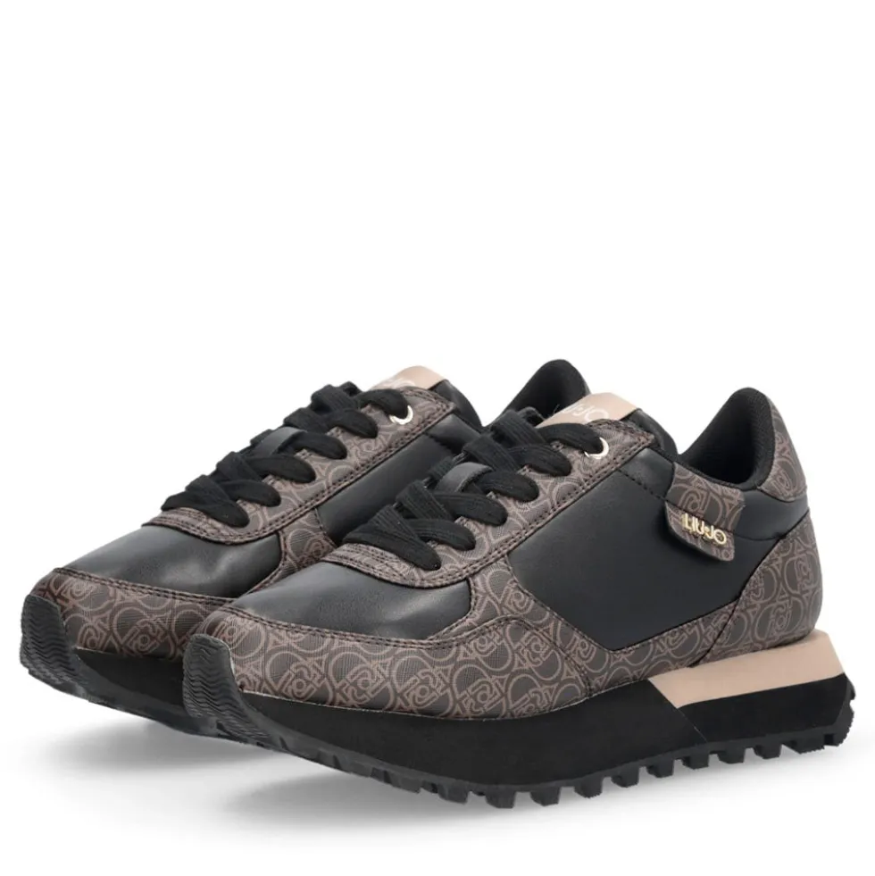 Sneakers Running LIU JO Evelyn 915 effetto Saffiano con Logo Monogram All Over Marrone e Nero