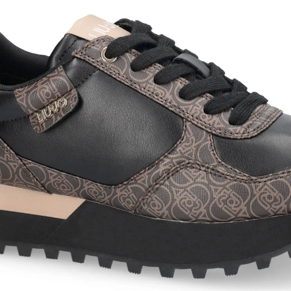 Sneakers Running LIU JO Evelyn 915 effetto Saffiano con Logo Monogram All Over Marrone e Nero