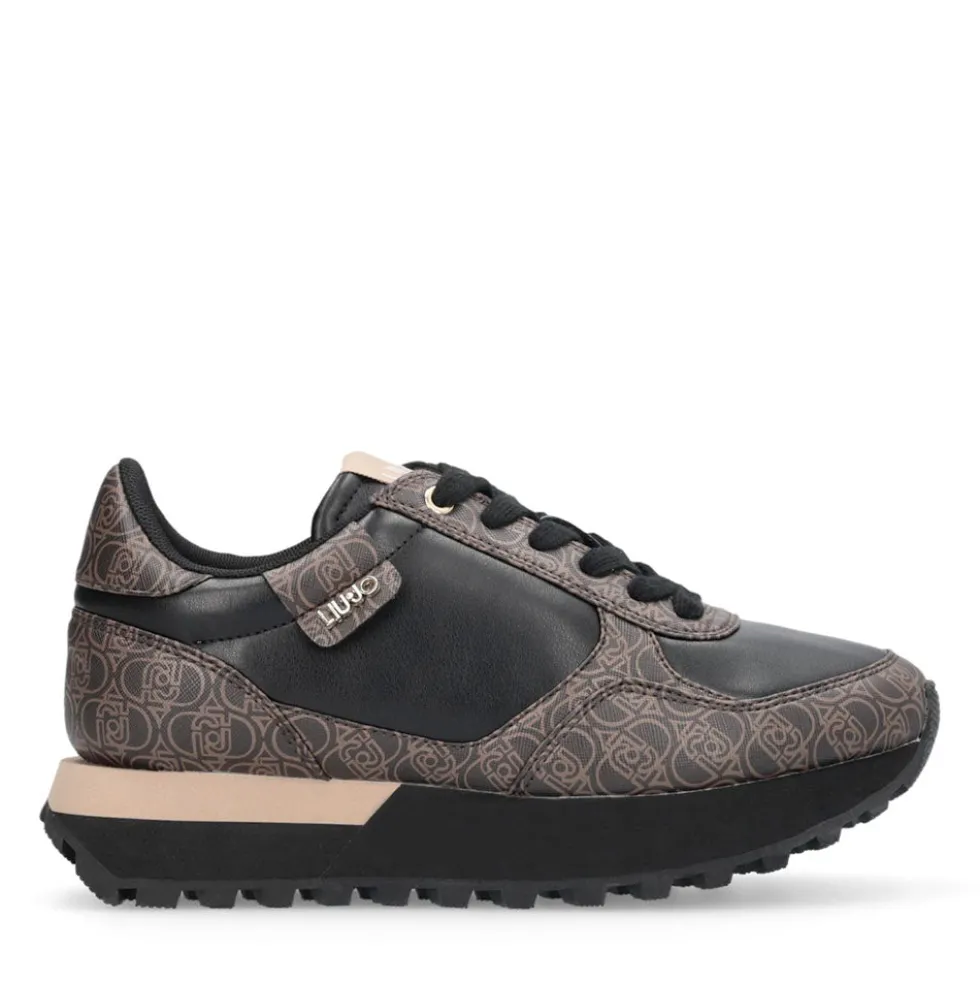 Sneakers Running LIU JO Evelyn 915 effetto Saffiano con Logo Monogram All Over Marrone e Nero