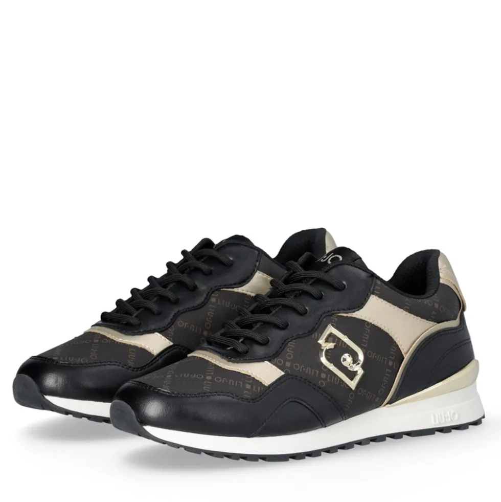 Sneakers Running LIU JO Maxi Wonder Low 02 in Pelle Nera e Inserti stampa Monogram