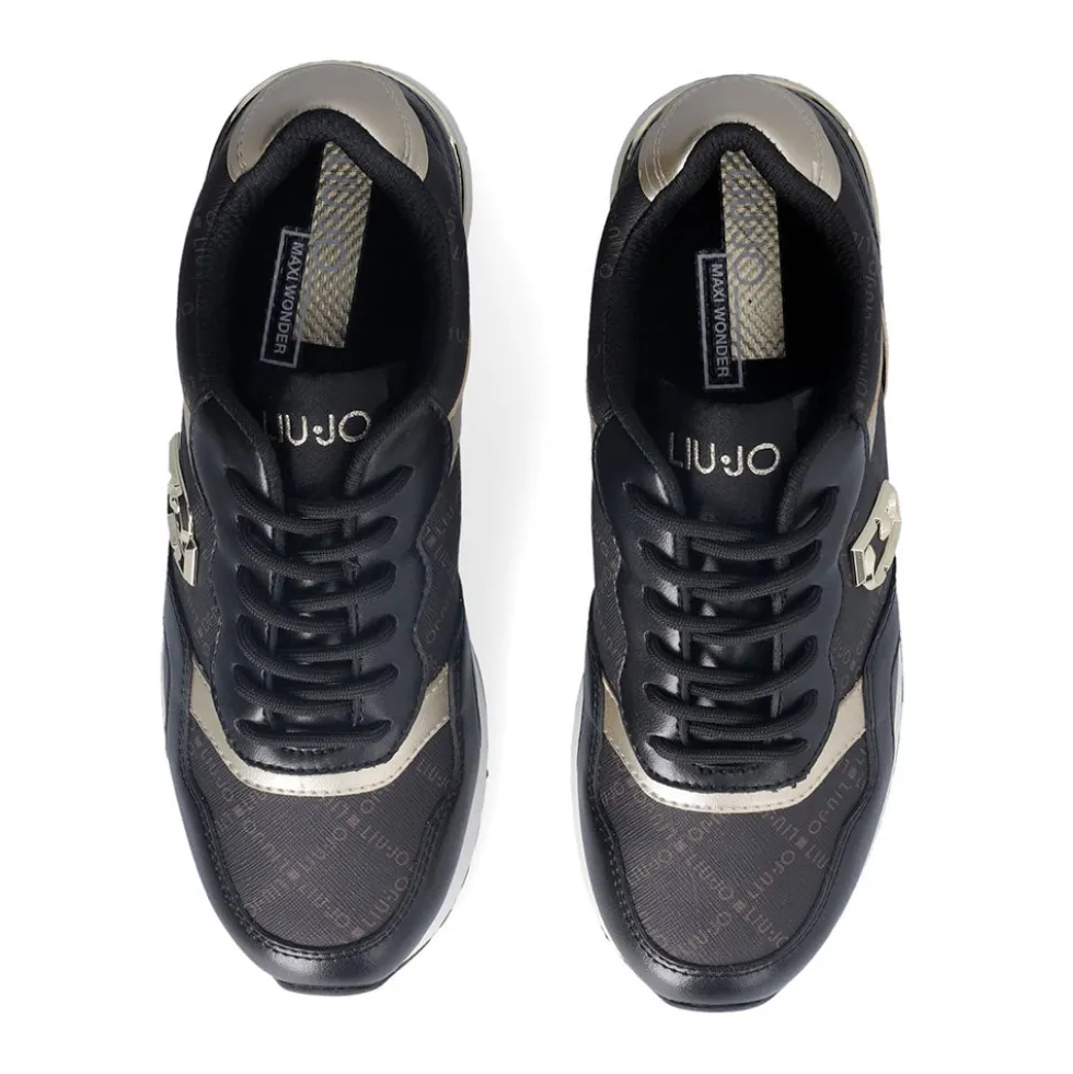 Sneakers Running LIU JO Maxi Wonder Low 02 in Pelle Nera e Inserti stampa Monogram