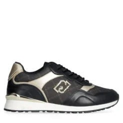 Sneakers Running LIU JO Maxi Wonder Low 02 in Pelle Nera e Inserti stampa Monogram