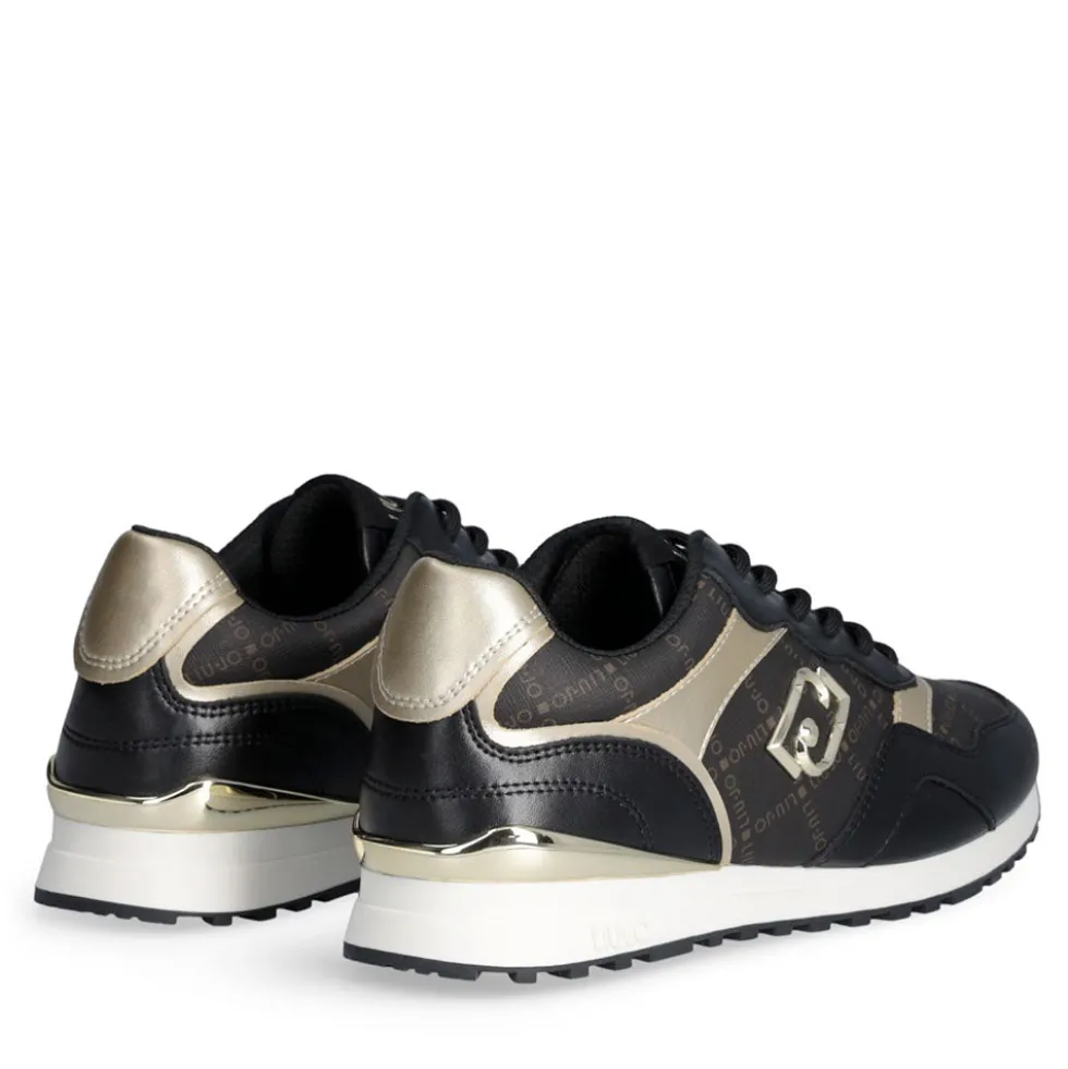 Sneakers Running LIU JO Maxi Wonder Low 02 in Pelle Nera e Inserti stampa Monogram