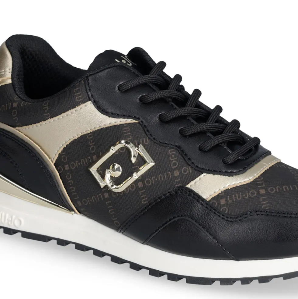 Sneakers Running LIU JO Maxi Wonder Low 02 in Pelle Nera e Inserti stampa Monogram